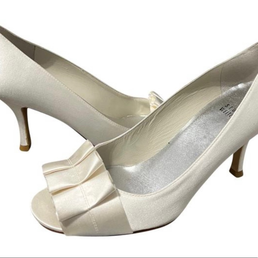 Stuart Weitzman Satin Gigiritz Peep Toe Pumps with Ribbon Detail - Size 8